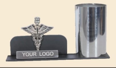 metal table top logo with steel glass